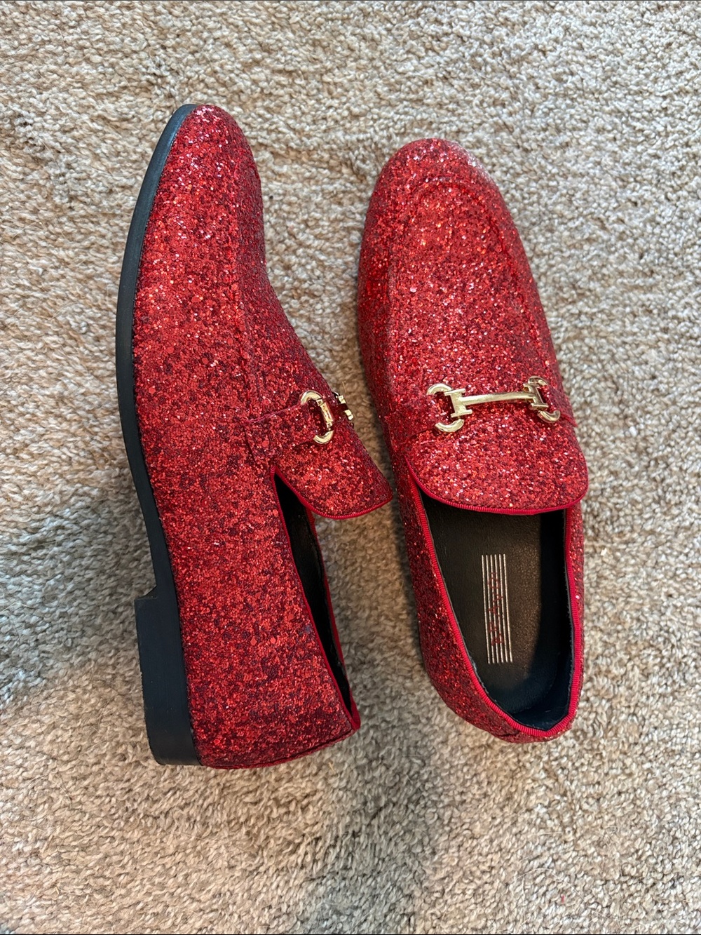 Men's Red Glitter Loafers with Gold Bit Accent